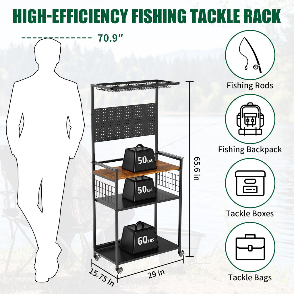 Rolling Fishing Rod Storage Rack with Pegboard and Tackle Organizer Cart