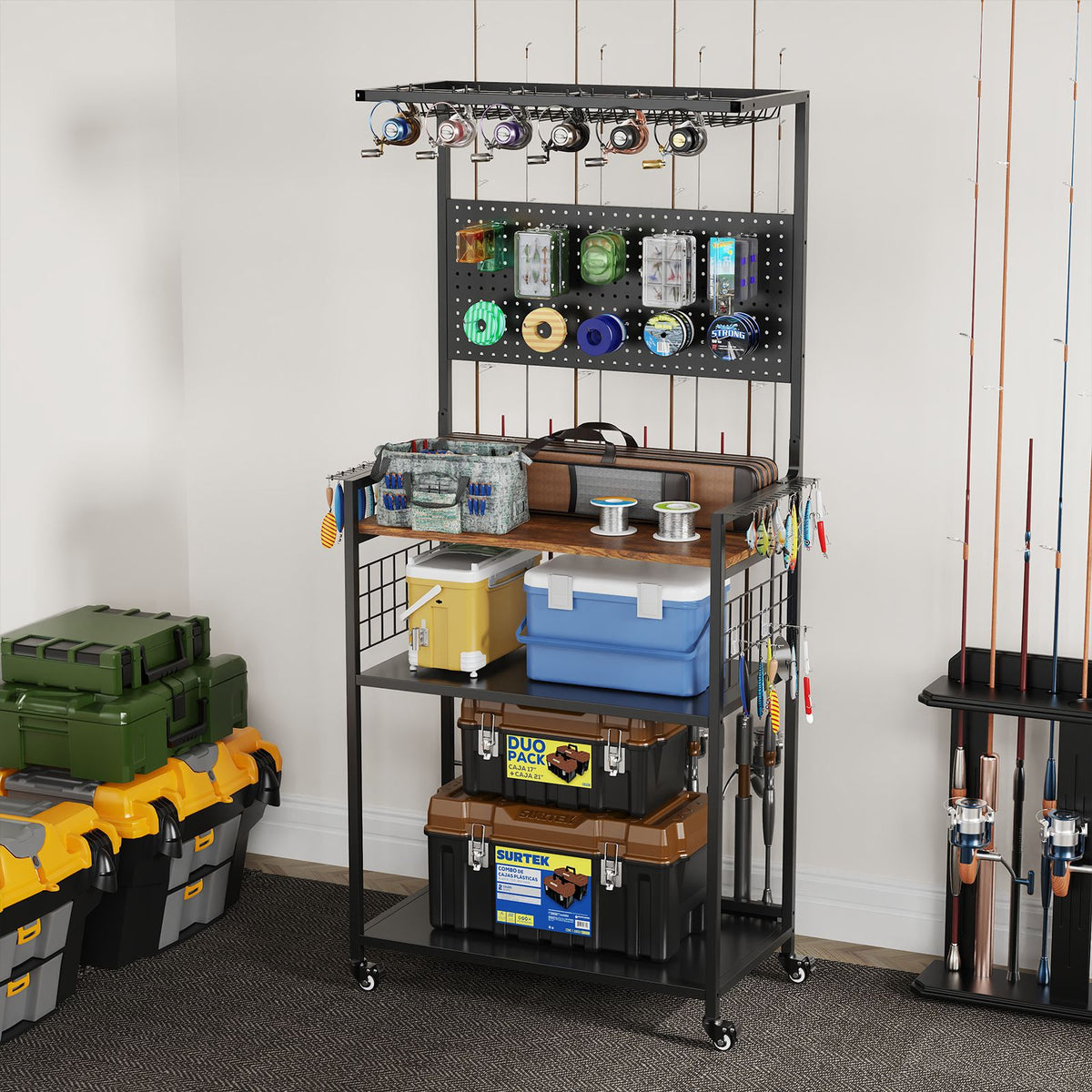 Rolling Fishing Rod Storage Rack with Pegboard and Tackle Organizer Cart