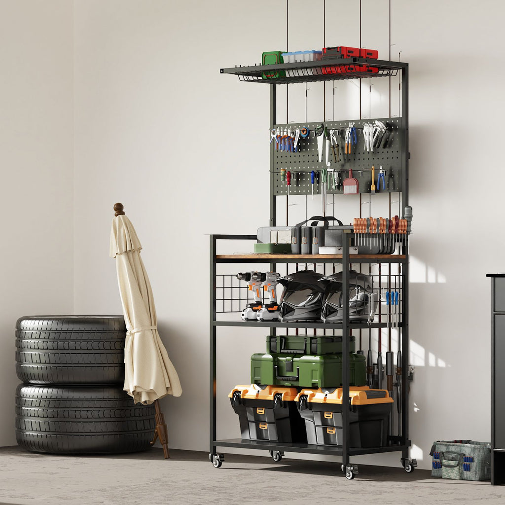 Rolling Fishing Rod Storage Rack with Pegboard and Tackle Organizer Cart