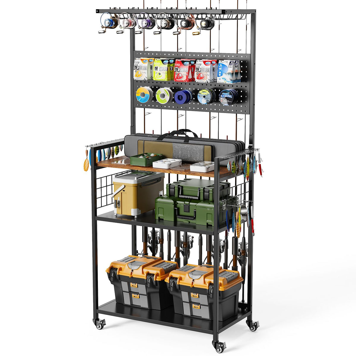 Rolling Fishing Rod Storage Rack with Pegboard and Tackle Organizer Cart