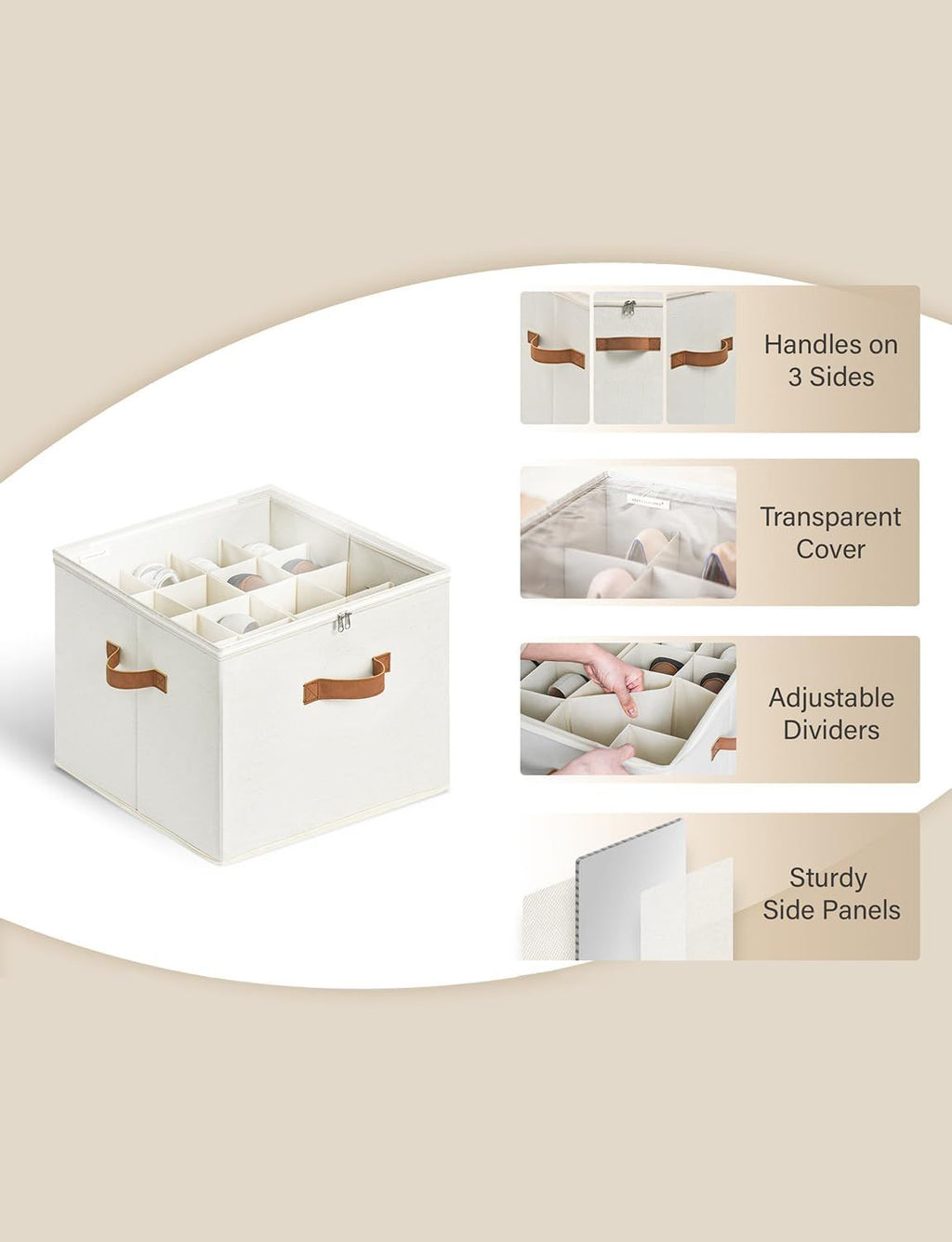 Fits up to 16 Pairs, Shoe Cubby Storage Containers with Adjustable Dividers and Clear Cover, Beige