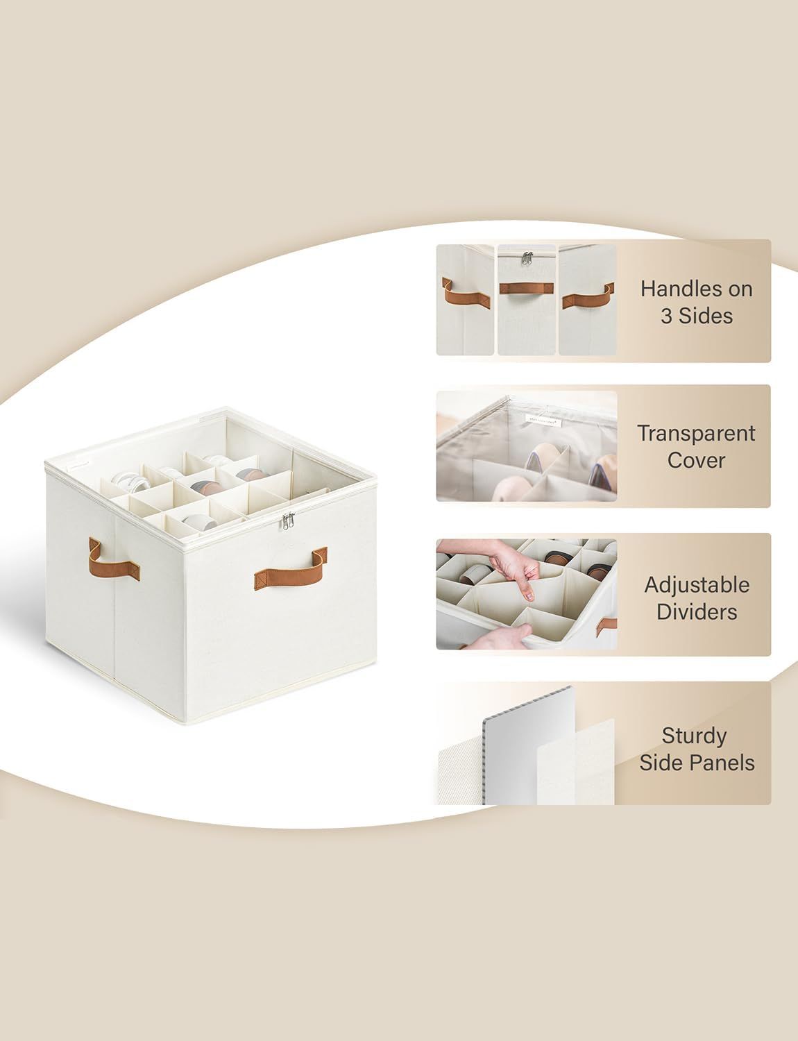Fits up to 16 Pairs, Shoe Cubby Storage Containers with Adjustable Dividers and Clear Cover, Beige