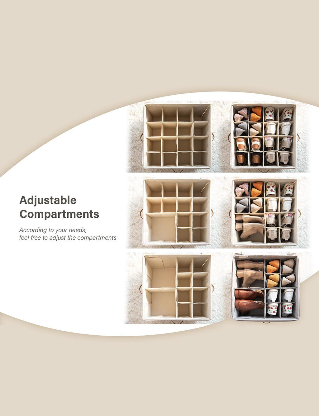 Fits up to 16 Pairs, Shoe Cubby Storage Containers with Adjustable Dividers and Clear Cover, Beige
