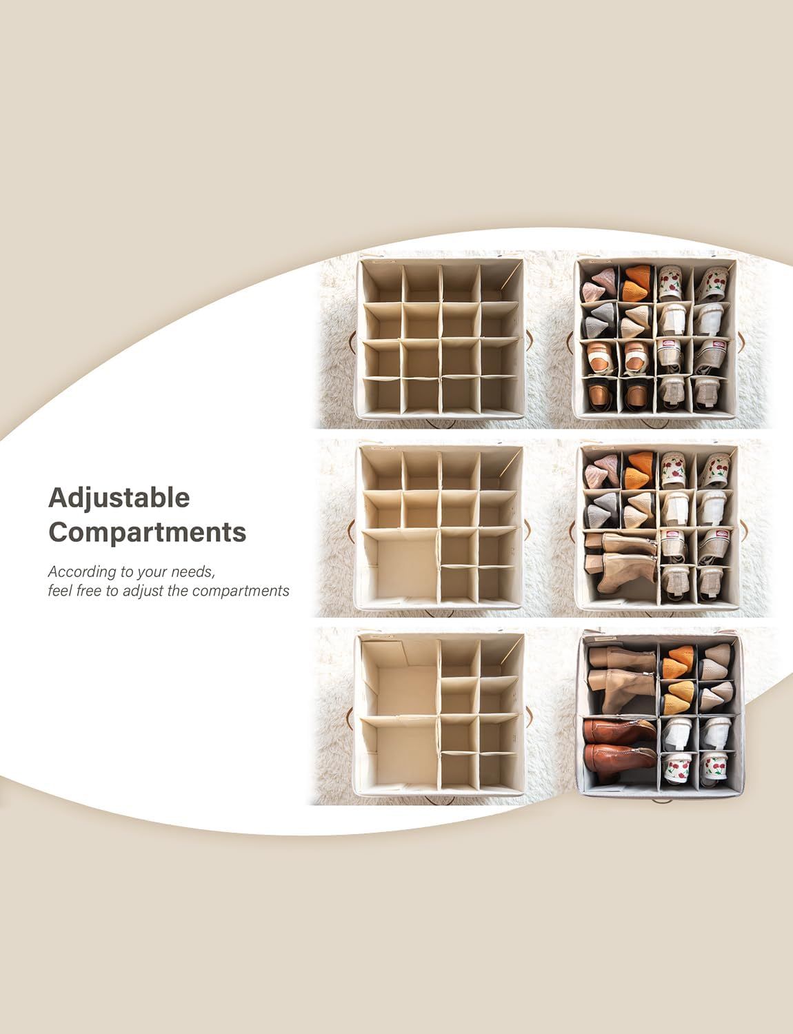 Fits up to 16 Pairs, Shoe Cubby Storage Containers with Adjustable Dividers and Clear Cover, Beige