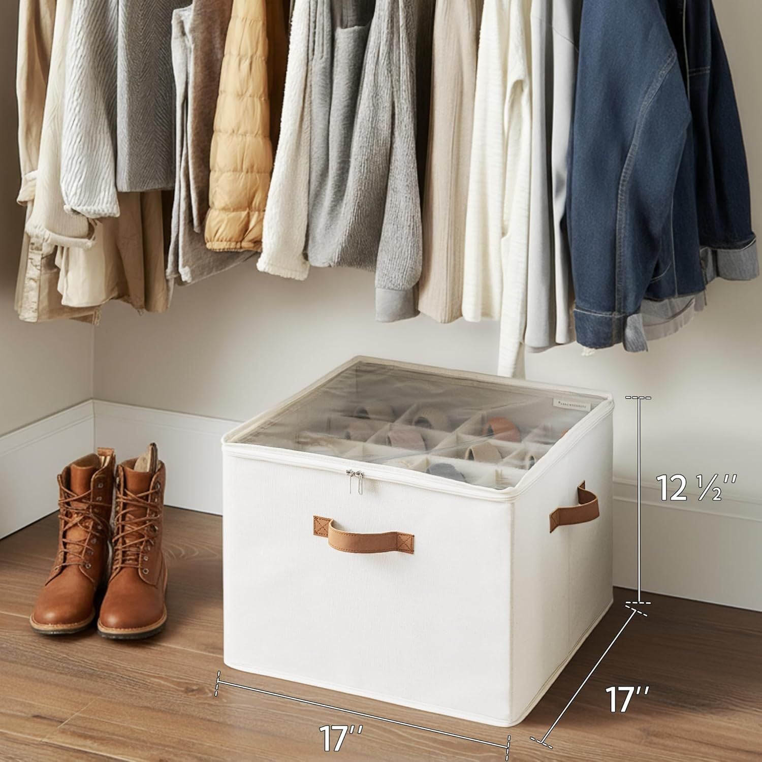 Fits up to 16 Pairs, Shoe Cubby Storage Containers with Adjustable Dividers and Clear Cover, Beige