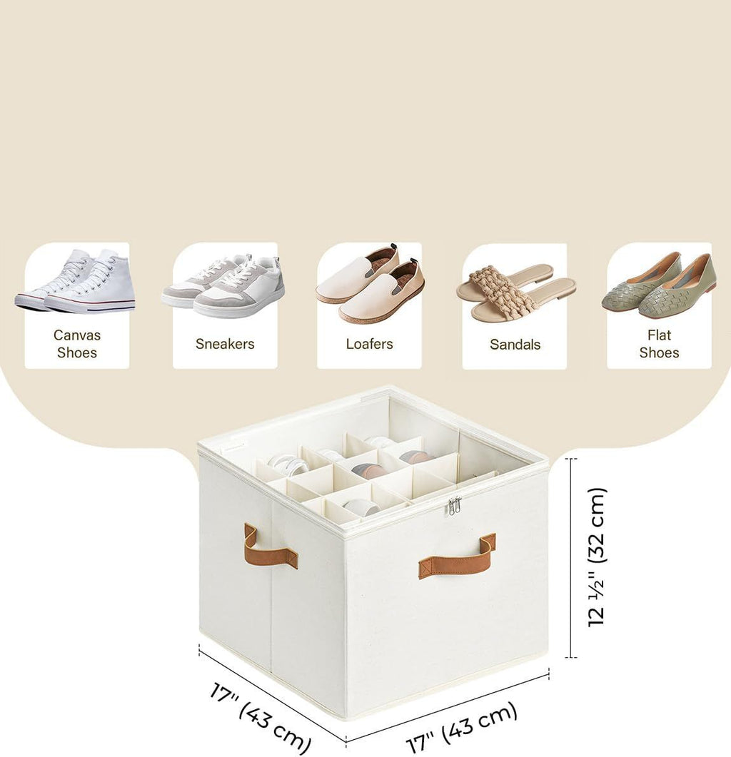 Fits up to 16 Pairs, Shoe Cubby Storage Containers with Adjustable Dividers and Clear Cover, Beige