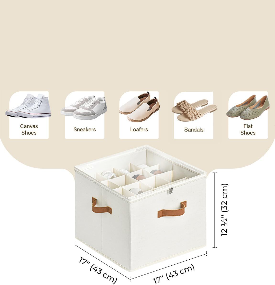 Fits up to 16 Pairs, Shoe Cubby Storage Containers with Adjustable Dividers and Clear Cover, Beige