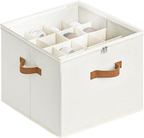 Fits up to 16 Pairs, Shoe Cubby Storage Containers with Adjustable Dividers and Clear Cover, Beige