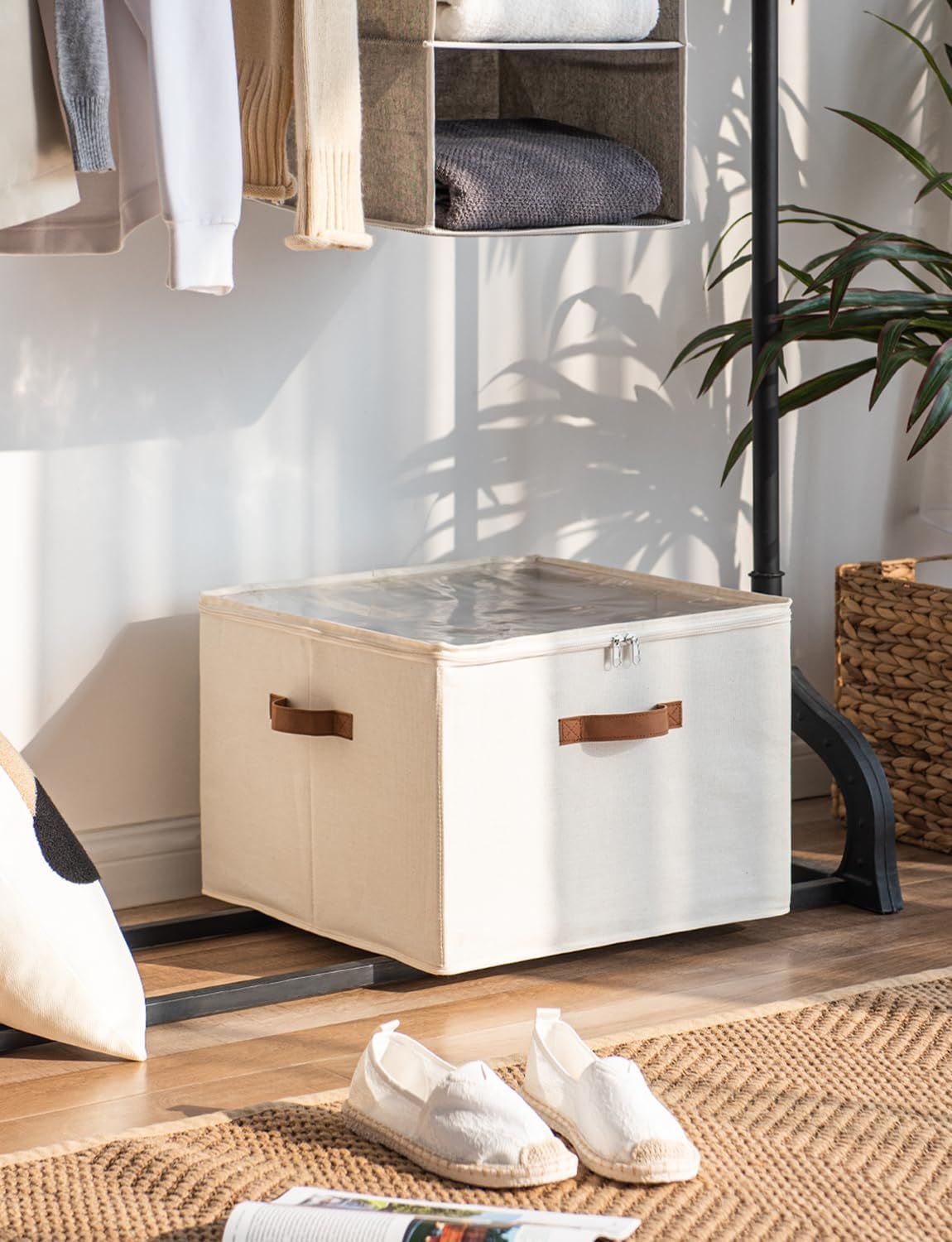 Fits up to 16 Pairs, Shoe Cubby Storage Containers with Adjustable Dividers and Clear Cover, Beige