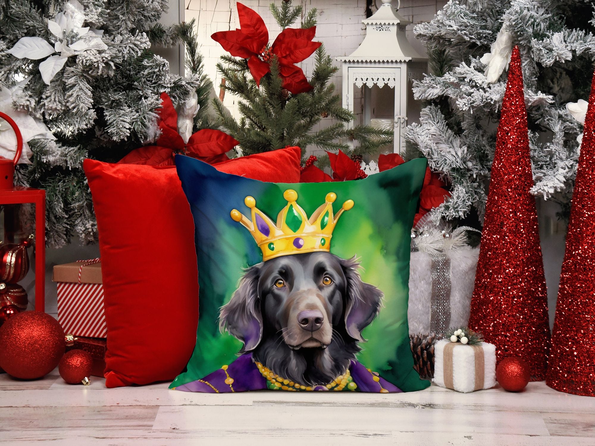 Flat-Coated Retriever King of Mardi Gras Accent Pillow