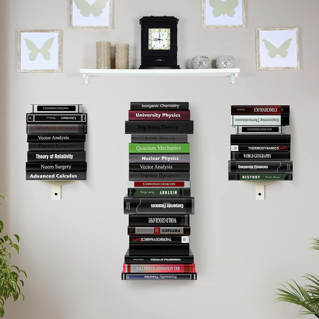 Floating Wall Book Shelves That Display Spines in a Vertical Tower