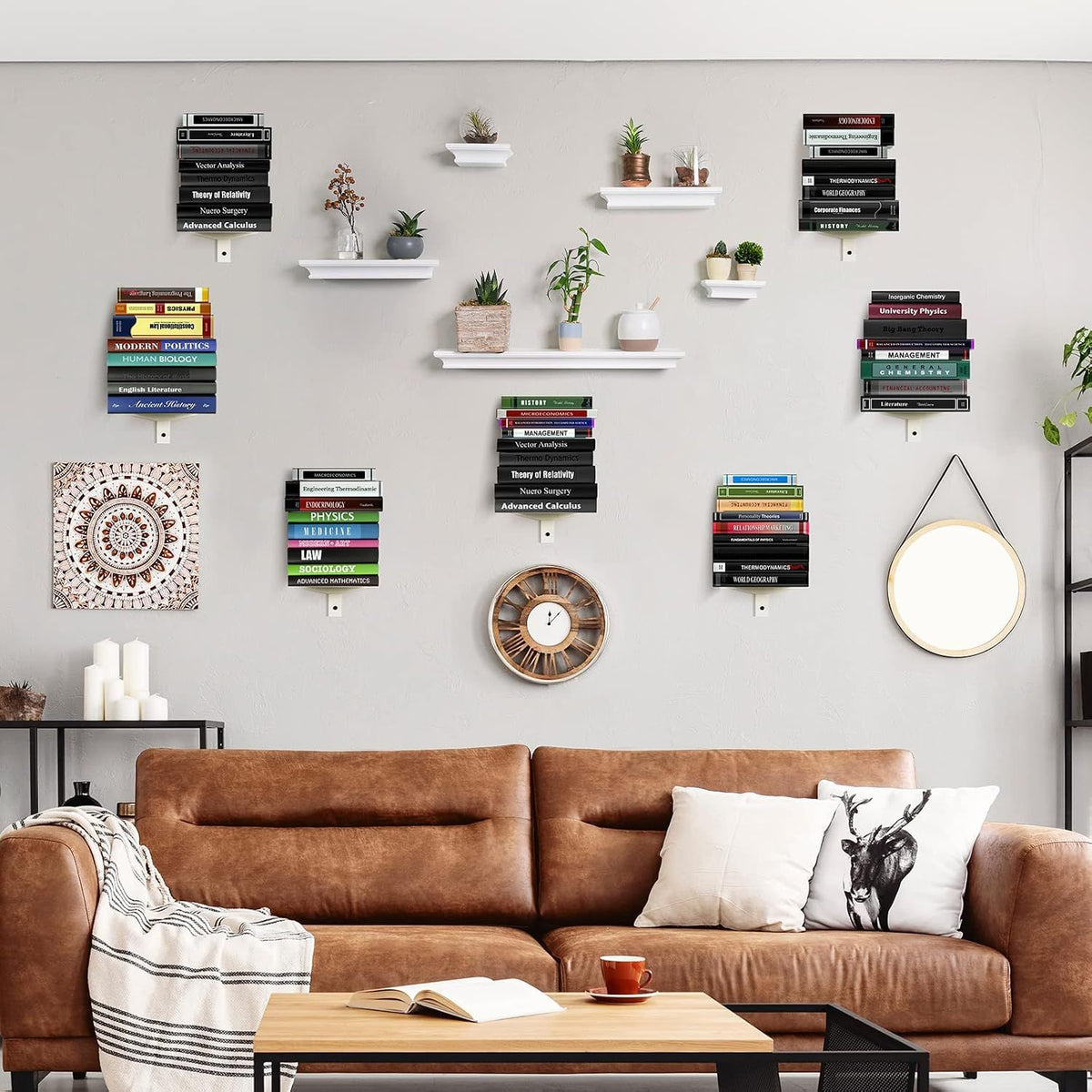Floating Wall Book Shelves That Display Spines in a Vertical Tower