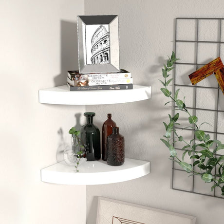 High Gloss White Floating Corner Shelves for Display - Set of 2