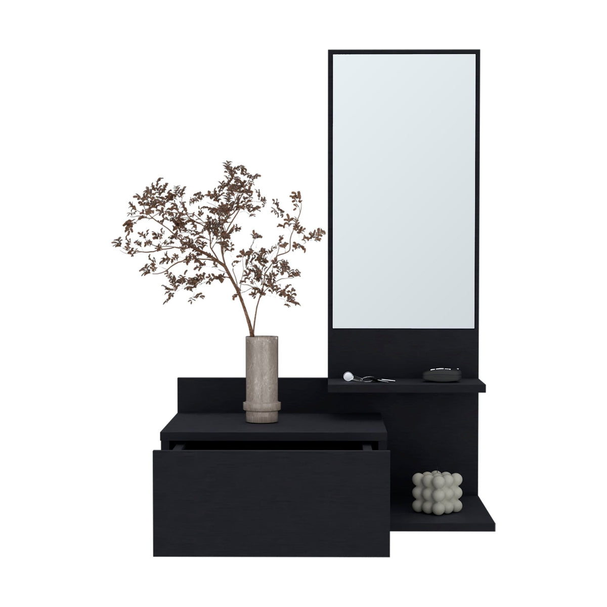 Compact Floating Cabinet Adds Mirror and Storage to a Hallway