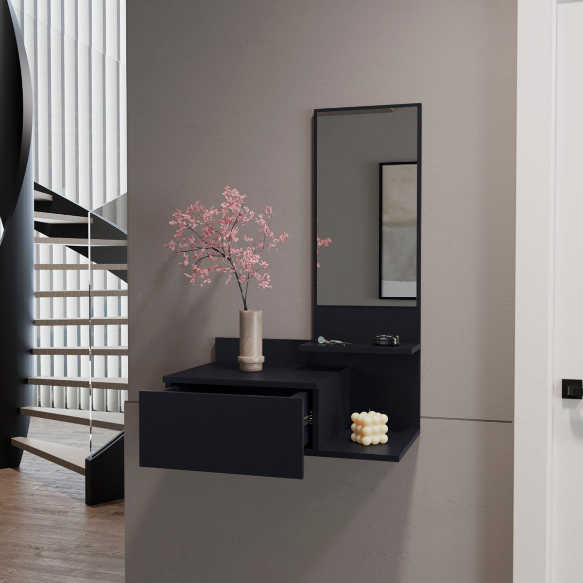 Compact Floating Cabinet Adds Mirror and Storage to a Hallway