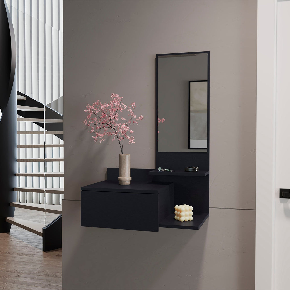 Compact Floating Cabinet Adds Mirror and Storage to a Hallway