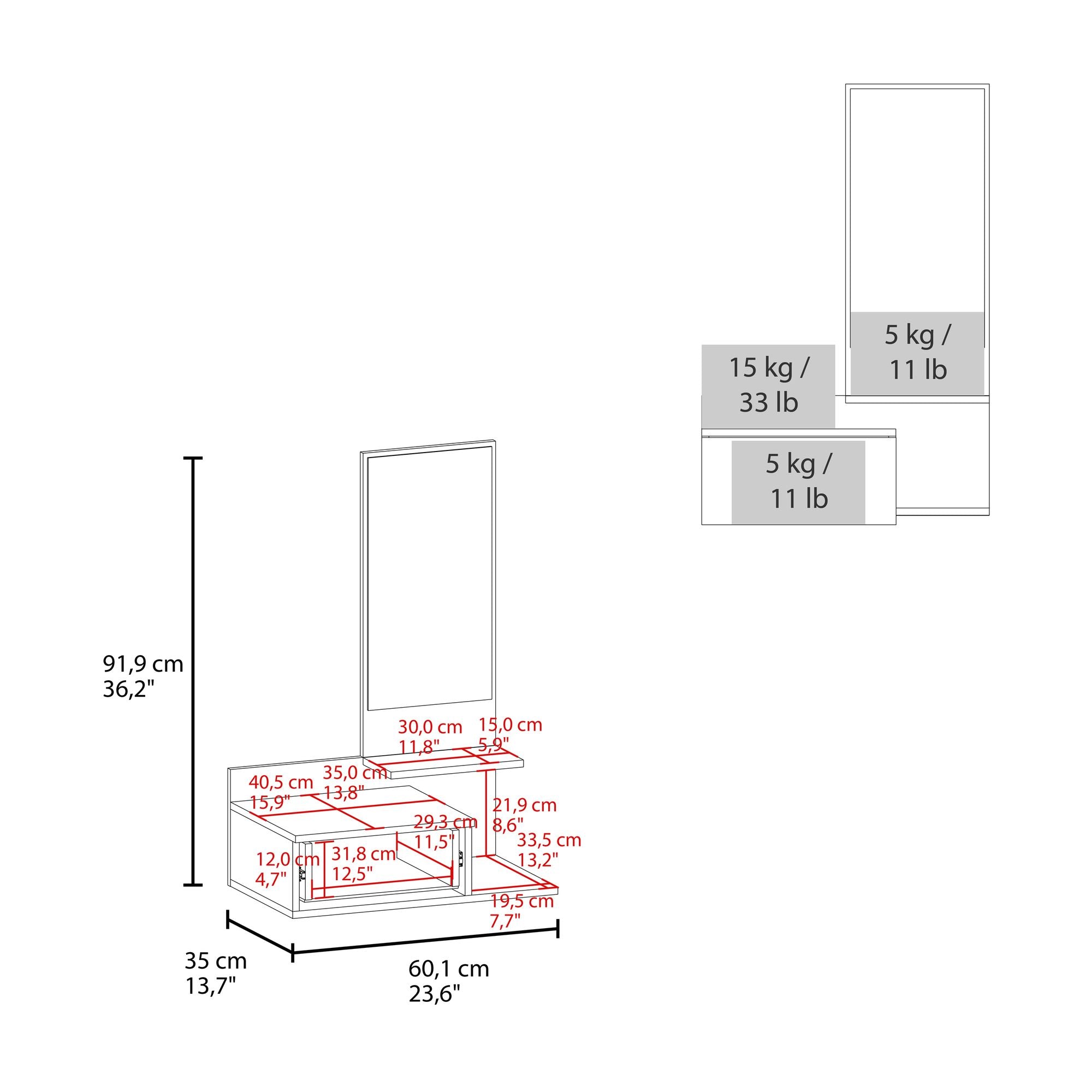 Floating Hallway Cabinet Lowell with Mirror & Drawer, White