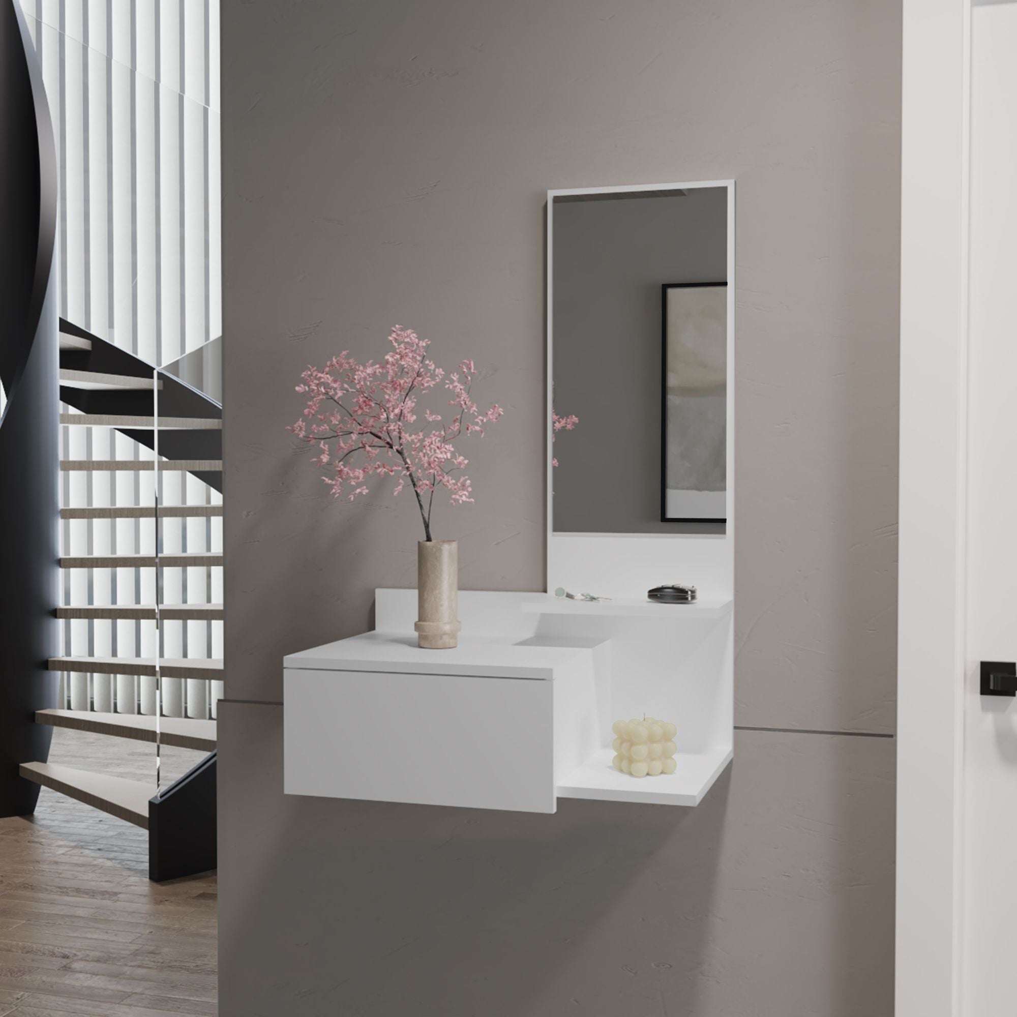 Floating Hallway Cabinet Lowell with Mirror & Drawer, White