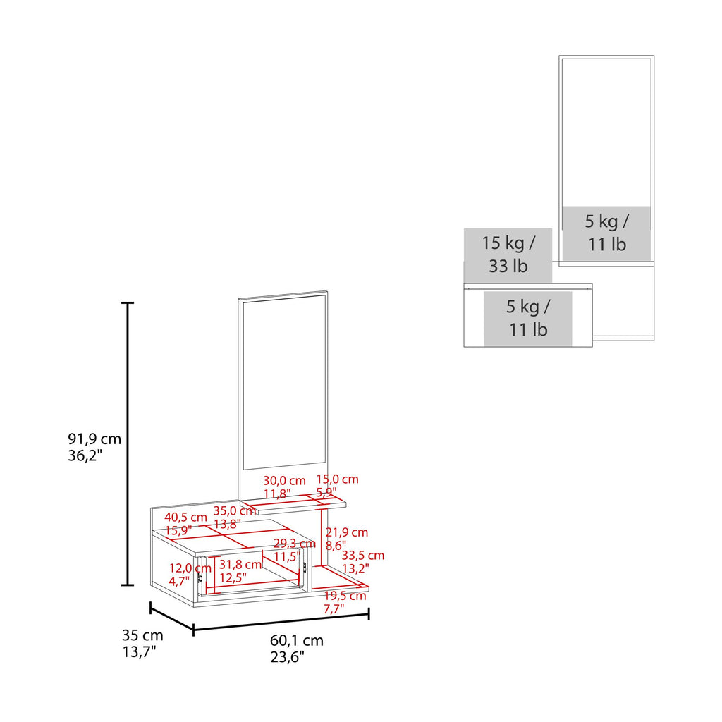 Floating Hallway Cabinet Lowell with Mirror & Drawer, White