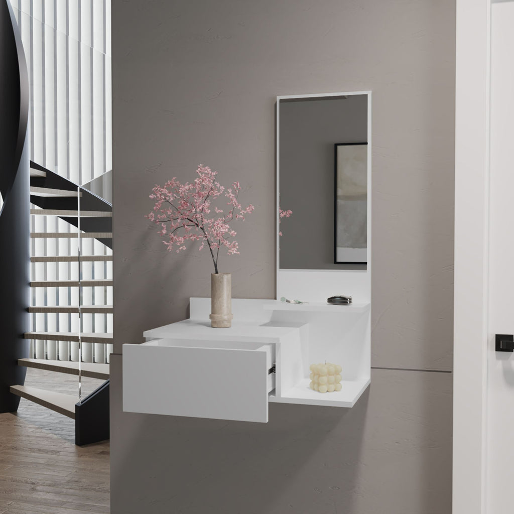 Floating Hallway Cabinet Lowell with Mirror & Drawer, White