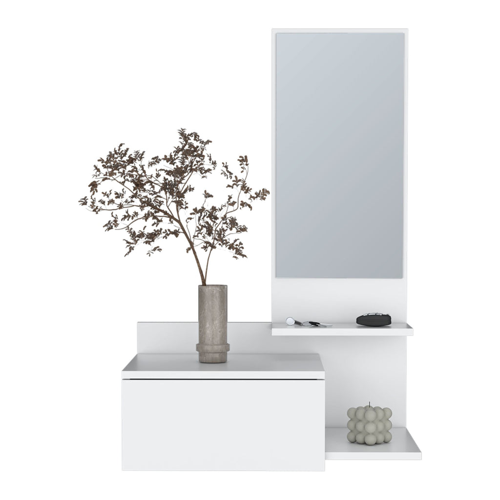 Floating Hallway Cabinet Lowell with Mirror & Drawer, White