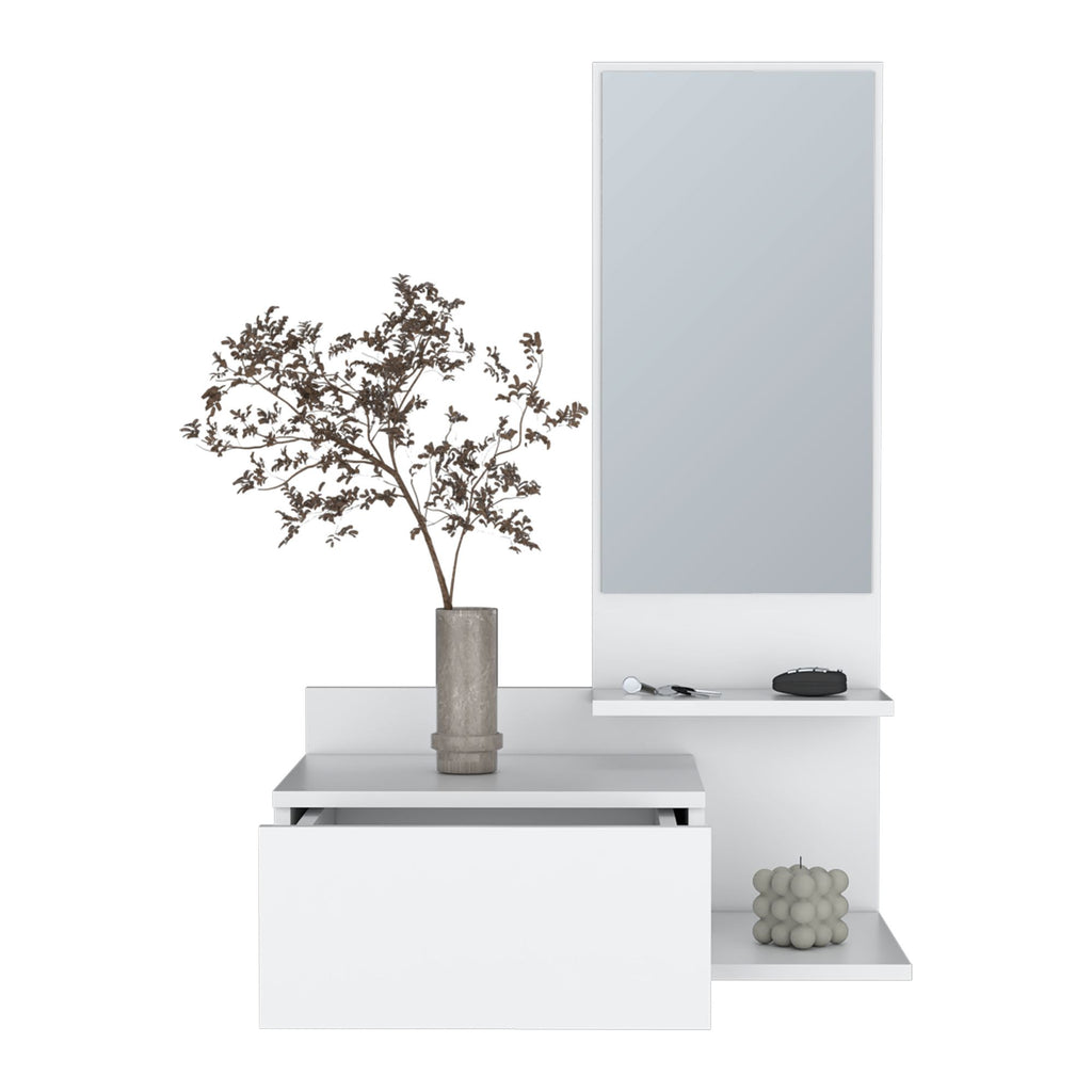 Floating Hallway Cabinet Lowell with Mirror & Drawer, White