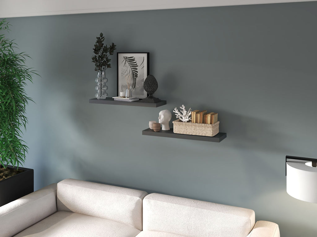 Set of Two Floating Wall Shelves in Matt Gray for Living Room Display