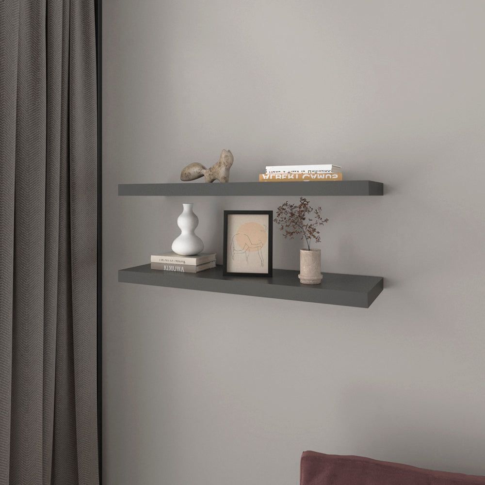 Set of Two Floating Wall Shelves in Matt Gray for Living Room Display