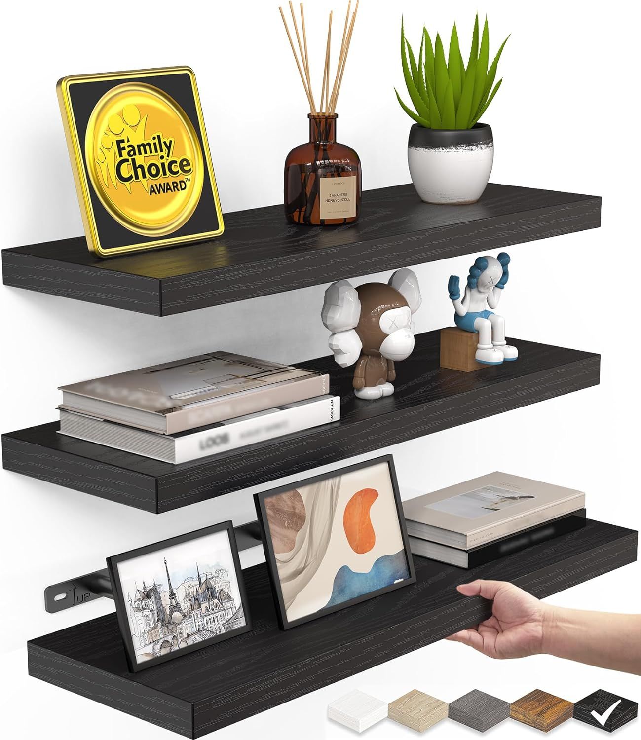 Rustic Wood Floating Shelves - Set of 3 for Wall Storage & Decoration