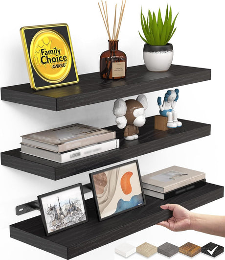 Rustic Wood Floating Shelves - Set of 3 for Wall Storage & Decoration