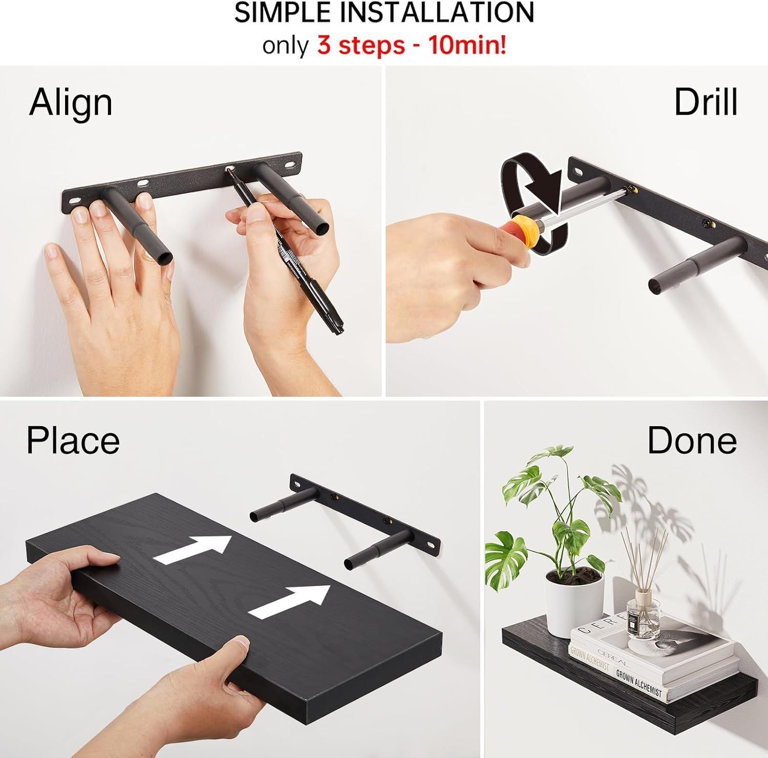 Rustic Wood Floating Shelves - Set of 3 for Wall Storage & Decoration