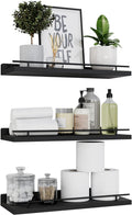 Handcrafted Solid Wood Floating Shelves with Black Metal Railings – 3-Piece Set