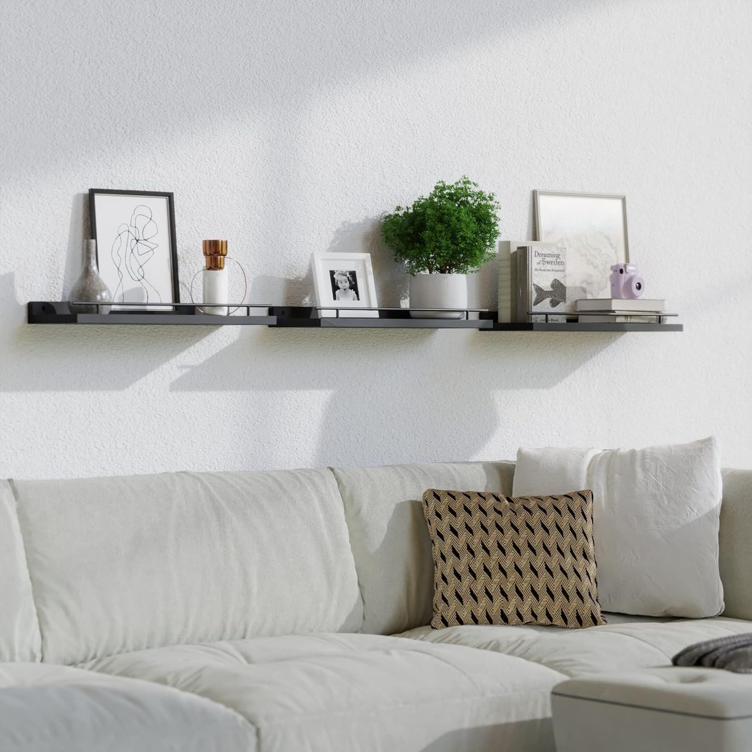 Handcrafted Solid Wood Floating Shelves with Black Metal Railings – 3-Piece Set