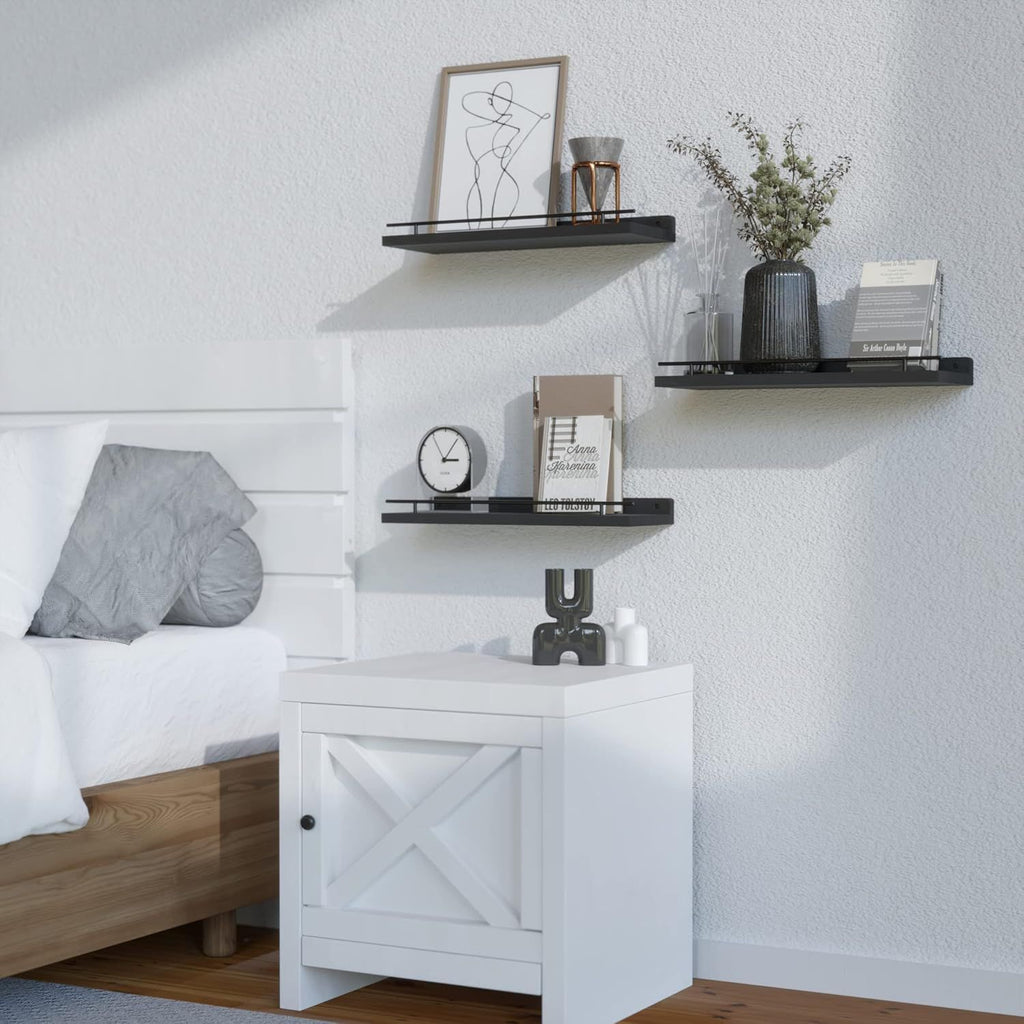 Handcrafted Solid Wood Floating Shelves with Black Metal Railings – 3-Piece Set