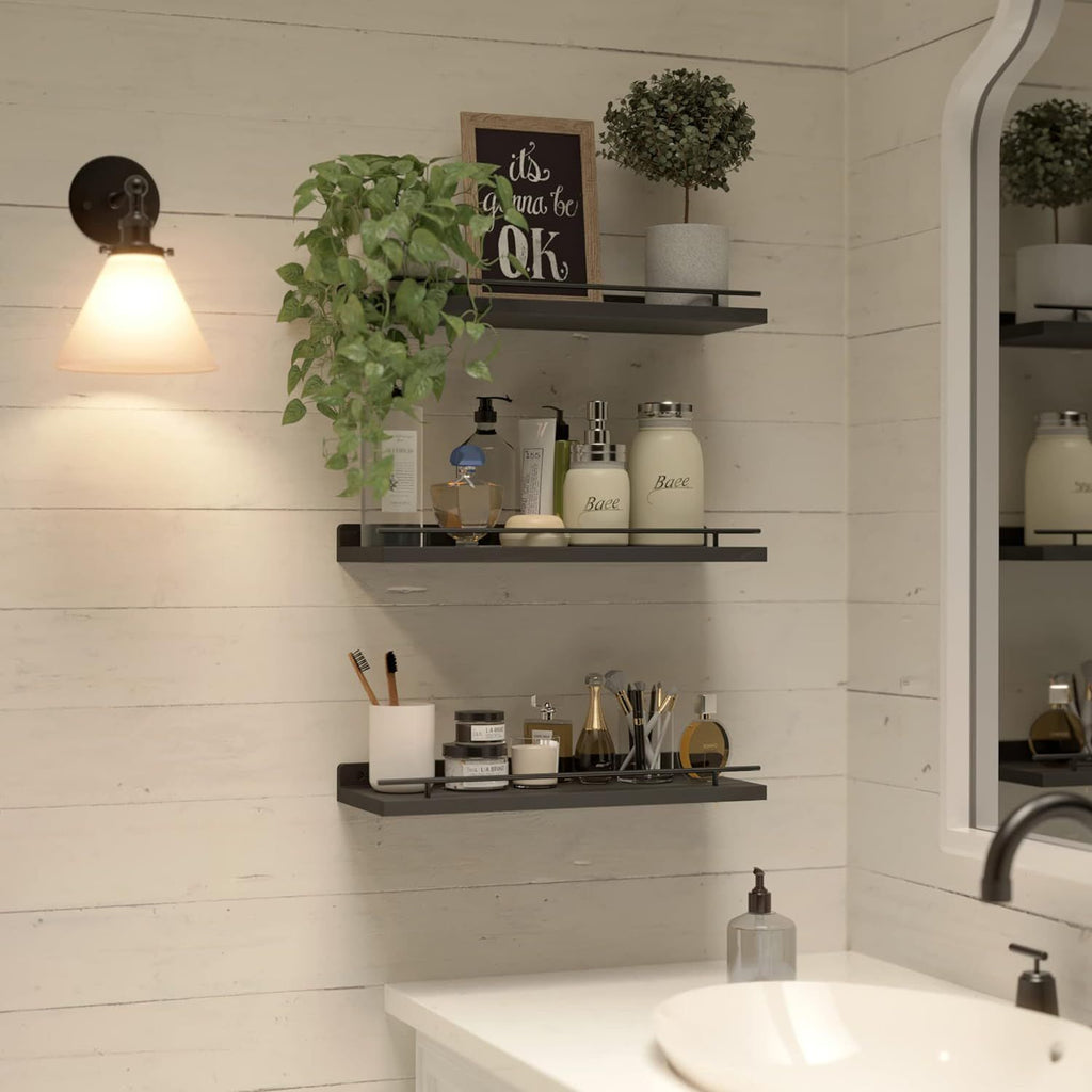 Handcrafted Solid Wood Floating Shelves with Black Metal Railings – 3-Piece Set