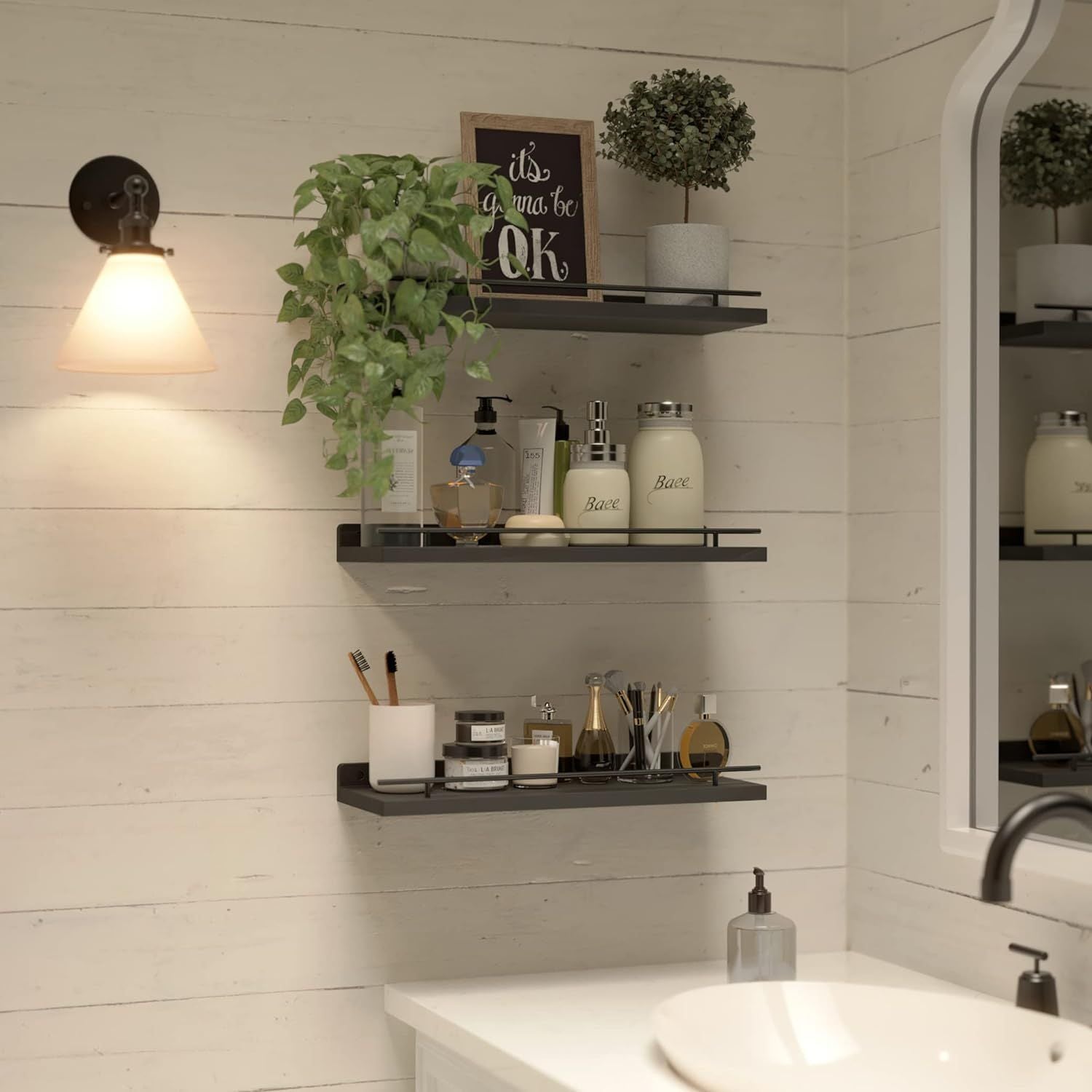 Handcrafted Solid Wood Floating Shelves with Black Metal Railings – 3-Piece Set