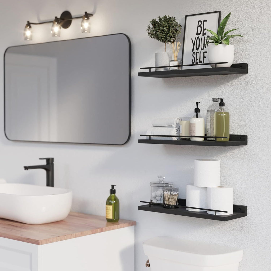 Handcrafted Solid Wood Floating Shelves with Black Metal Railings – 3-Piece Set