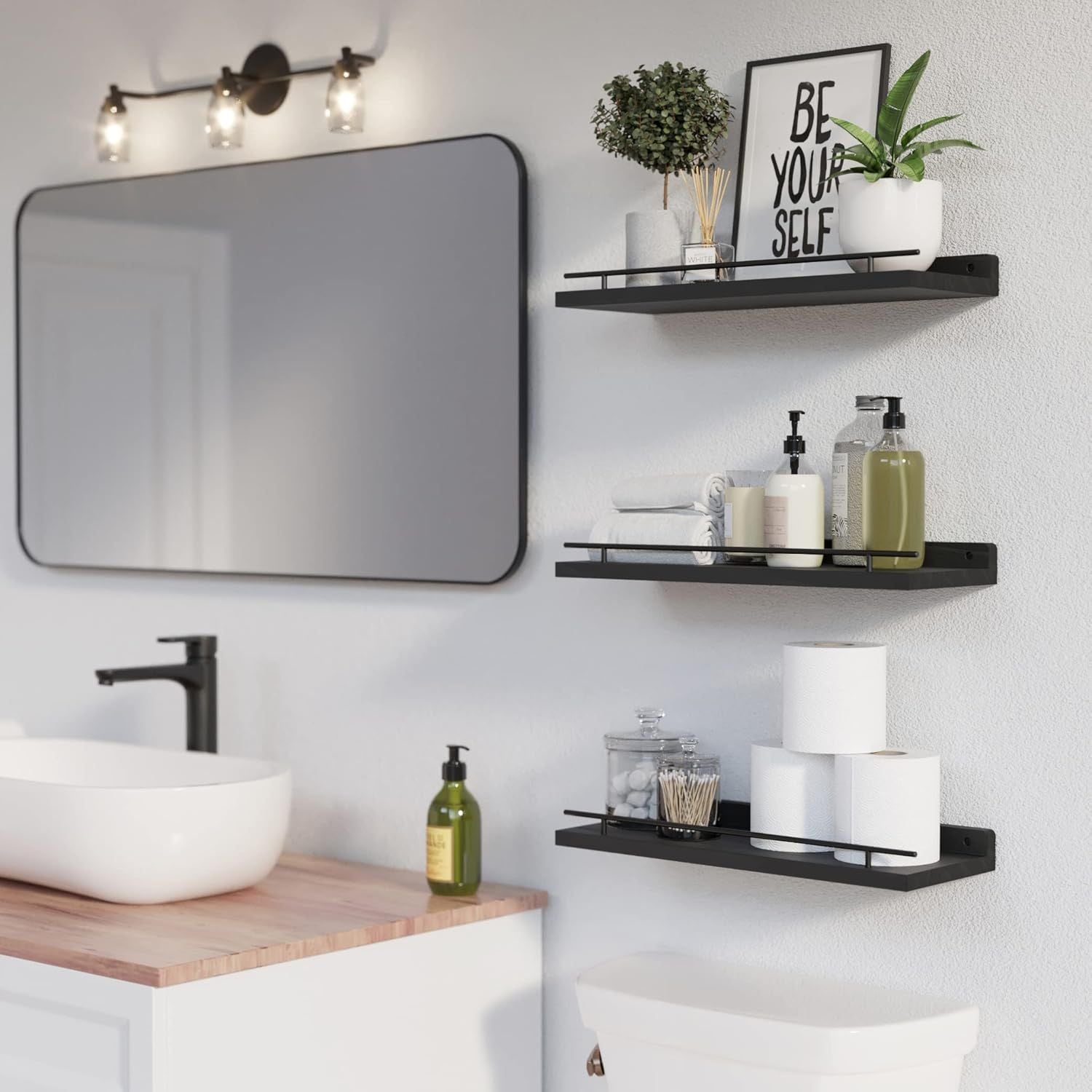 Handcrafted Solid Wood Floating Shelves with Black Metal Railings – 3-Piece Set