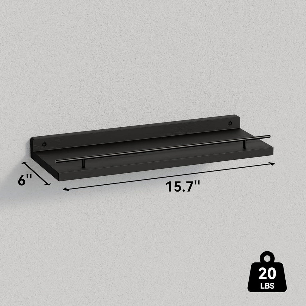 Handcrafted Solid Wood Floating Shelves with Black Metal Railings – 3-Piece Set