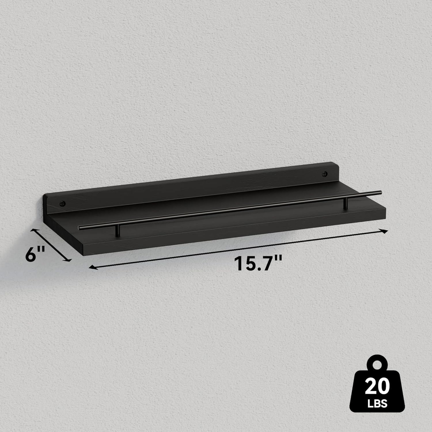 Handcrafted Solid Wood Floating Shelves with Black Metal Railings – 3-Piece Set