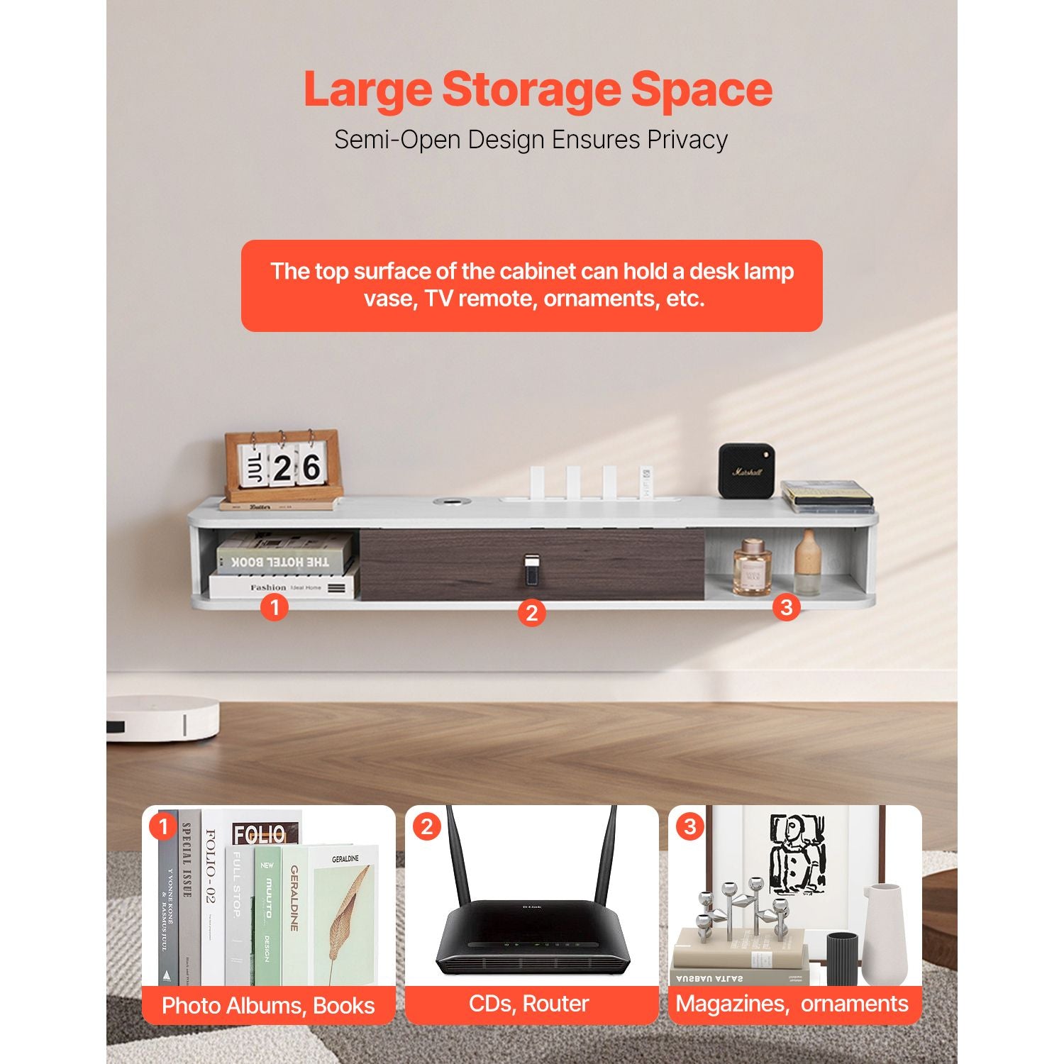 Wall Mount TV Stand with Storage Cabinets & Cable Management