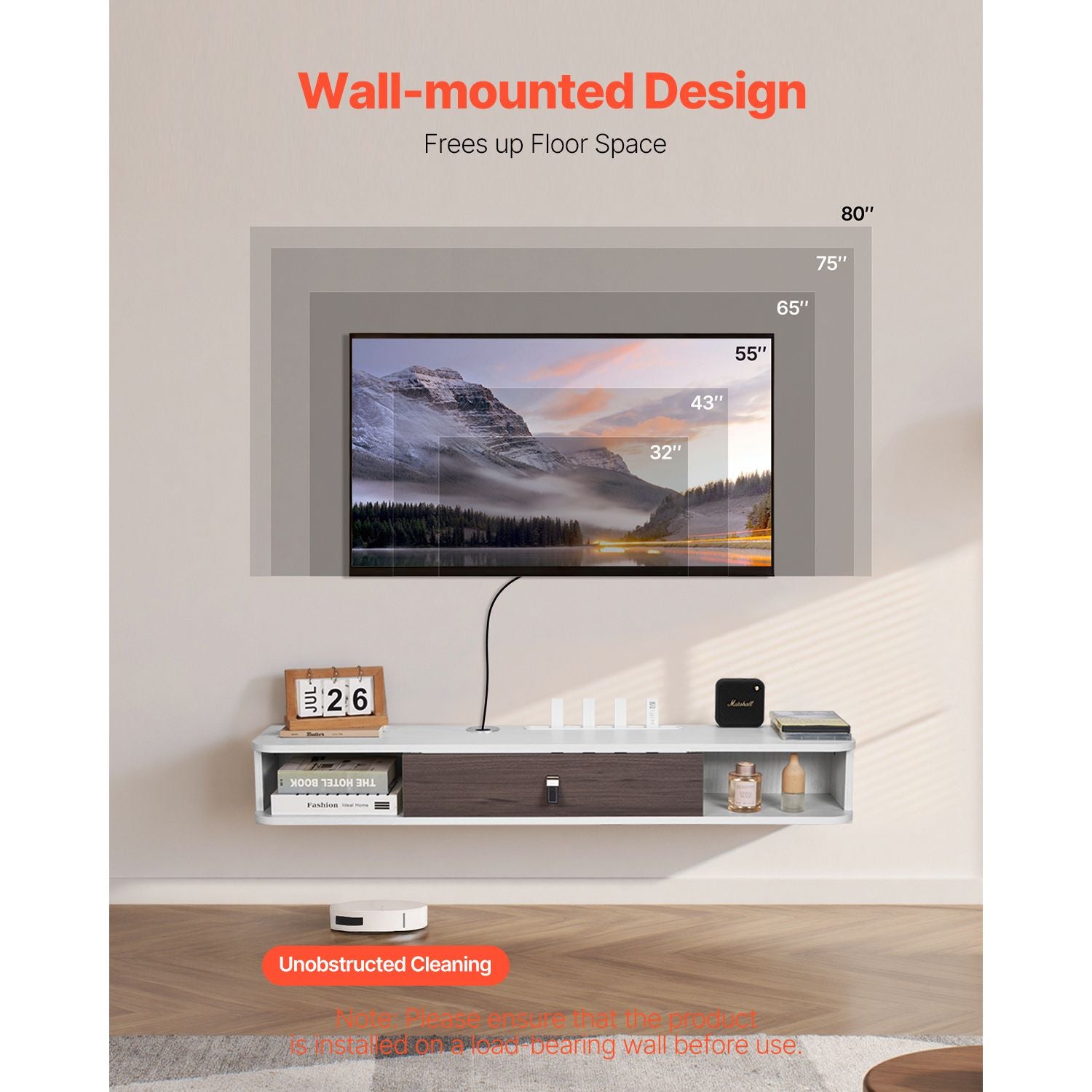 Wall Mount TV Stand with Storage Cabinets & Cable Management