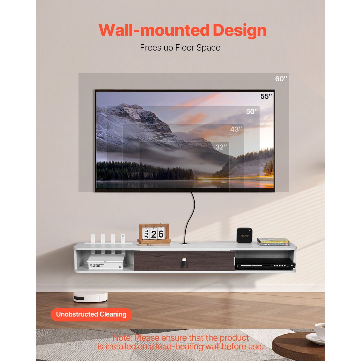 Floating TV Stand with Storage Cabinet and Cable Management