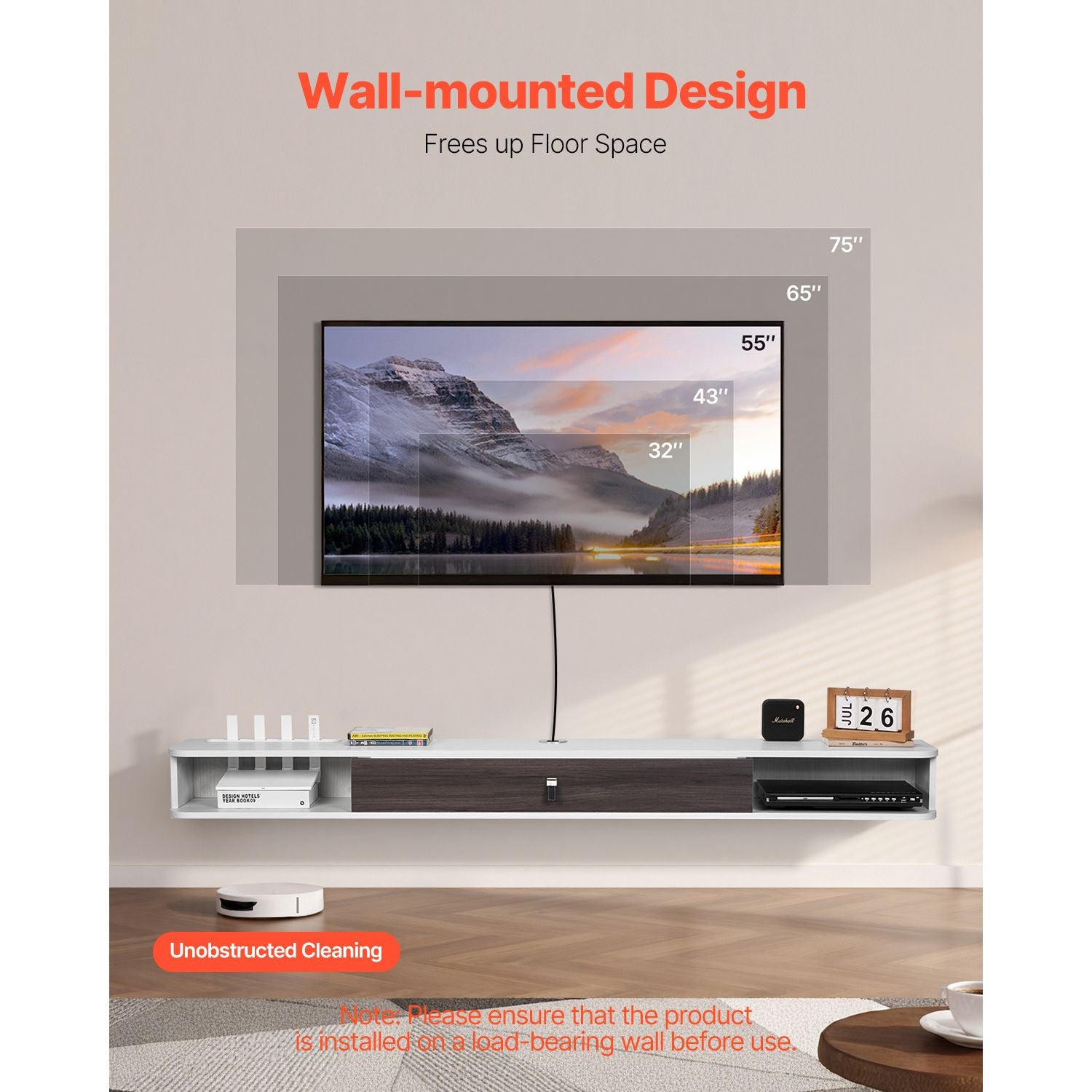 Floating TV Stand with Storage Cabinet and Cable Management