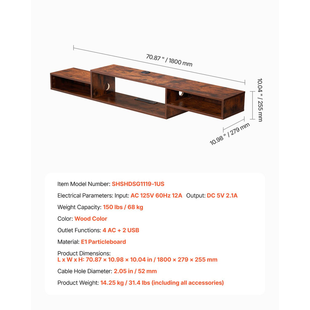 70- Floating TV Stand with Power Outlets and Storage