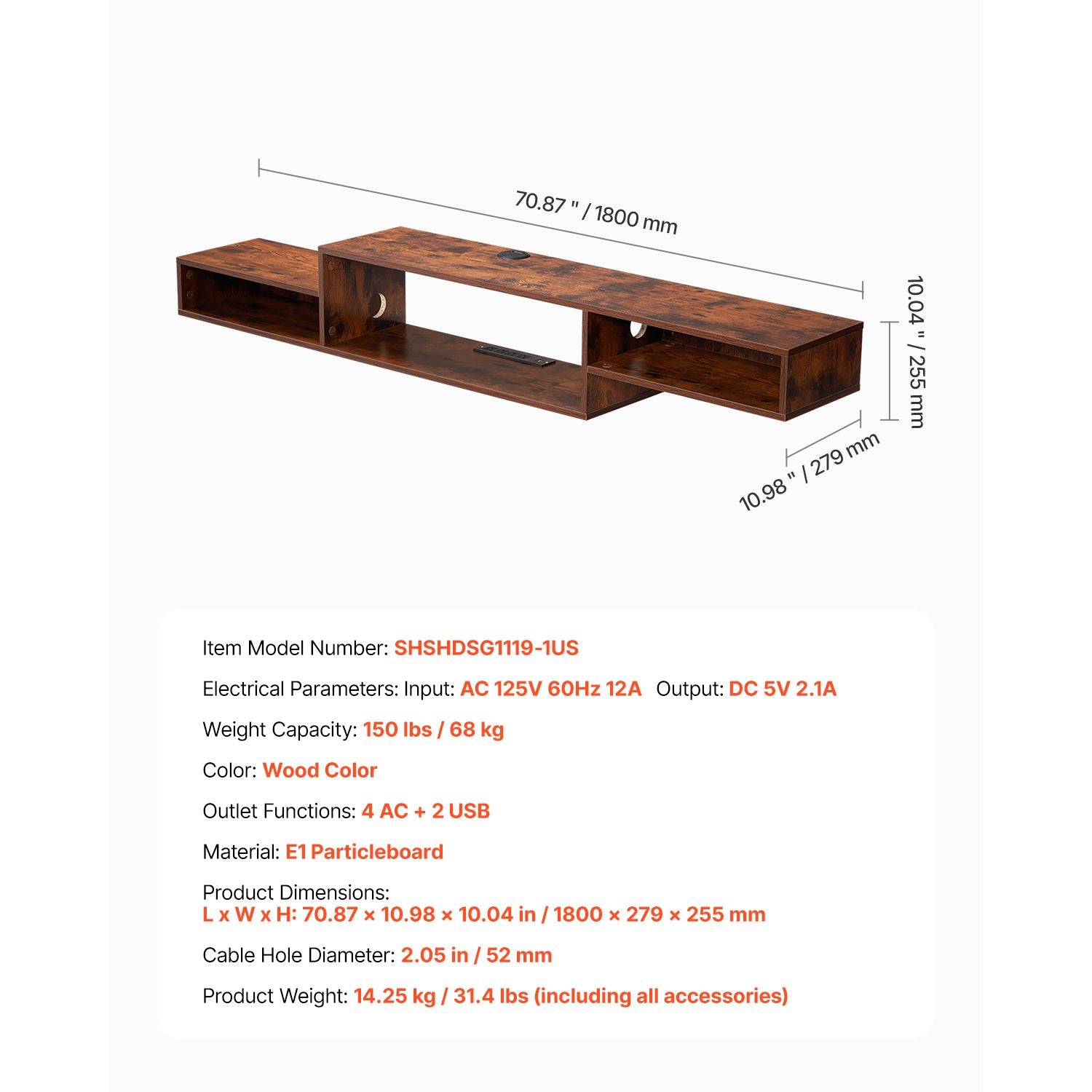 70- Floating TV Stand with Power Outlets and Storage