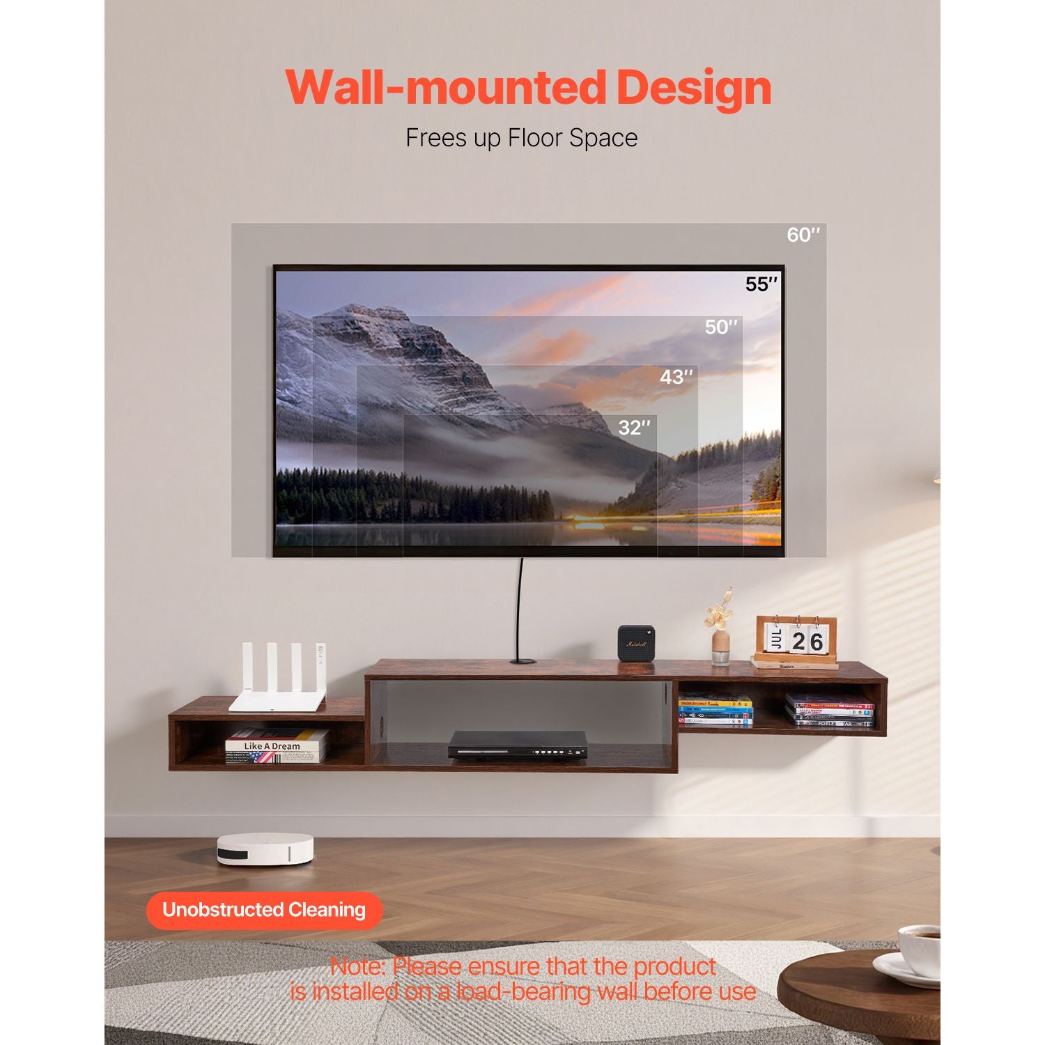 70- Floating TV Stand with Power Outlets and Storage