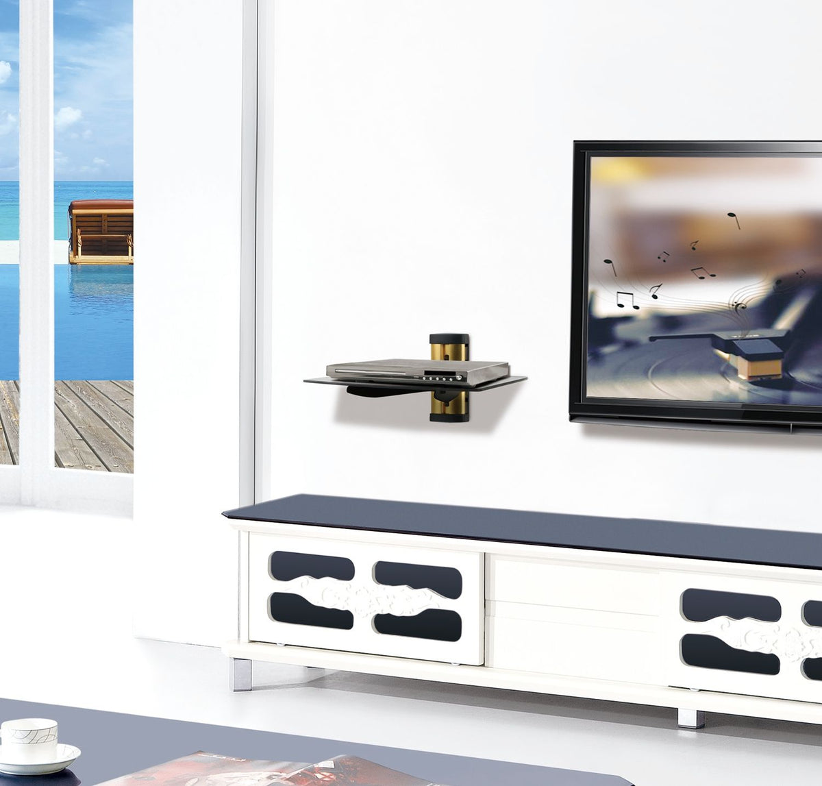 Adjustable Floating Media Shelf with Cable Management