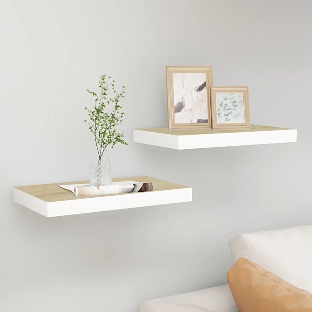 Oak and White Floating Display Shelves, Set of Two