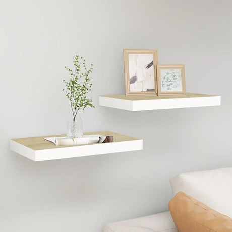 Oak and White Floating Display Shelves, Set of Two